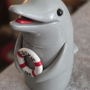 Dolphin Cookie Jar - Gray with Red Accent